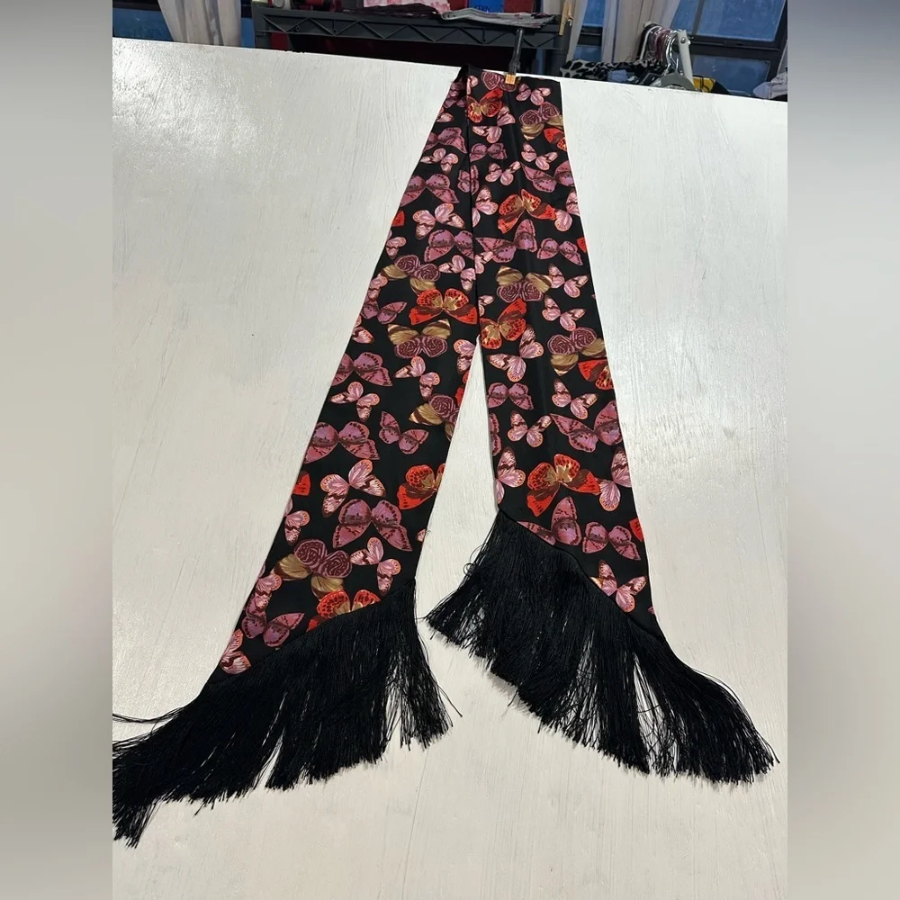 Retro Butterfly Print Satin Scarf Black Fringe Trim Boho Glam Neck Wrap